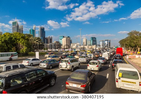 Traffic jam at Sheikh Zayed Road in Dubai in a summer day