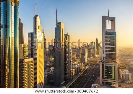 DUBAI, UAE - NOVEMBER 24 - Aerial view of downtown Dubai in a summer day, United Arab Emirates on November 24, 2015