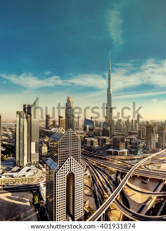 Panorama and aerial view of downtown Dubai in a summer day, United Arab Emirates