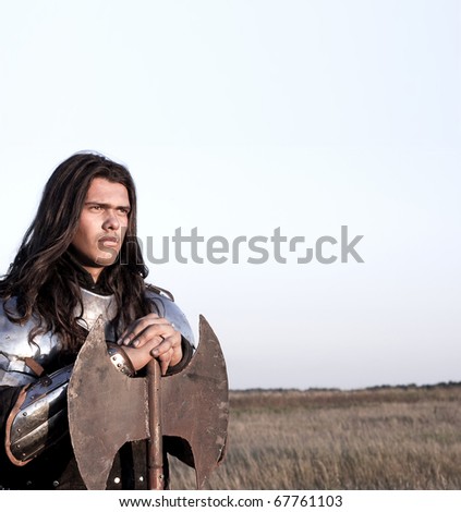 Medieval knight in the field with an axe