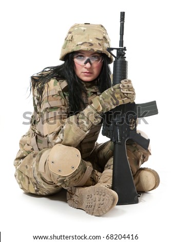 stock photo Beautiful army girl with rifle isolated on white