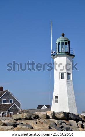Scituate Light was built in 1811, retired in 1860 and brought back into service in 1991. Standing 50 feet tall and flashing every 15 seconds, the light is a valuable navigation aide.