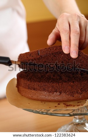 Cutting Cake on Layers. Making Chocolate Layer Cake. Series.