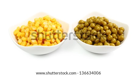Canned Corn and Canned Green Peas. Isolated with clipping path.