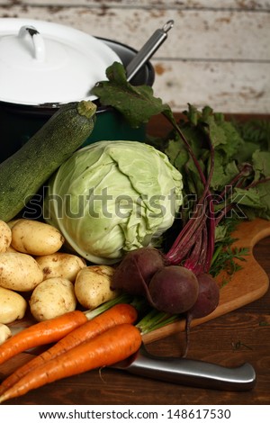 Cooking Vegetable: Potato, Carrot, Beet, Zucchini, Onion, Cabbage.