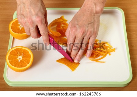 Cut orange peels into strips. Candied Orange Zest Cooking. Series.