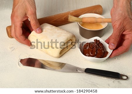 Rolling Pin, Palette Knife, Puff Pastry, Chocolate, Egg Glaze, Brush. Making Chocolate Croissants with Puff Pastry