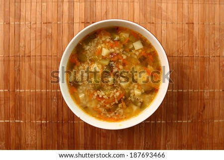 Soup from pickled cucumbers. Rassolnik. Zupa ogorkowa. Directly Above.