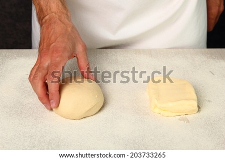 Making Puff Pastry. Dough and Butter ready to make.