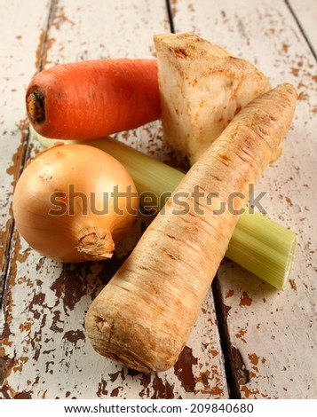 Vegetables: celery, carrot, parsley root, onion, leek.