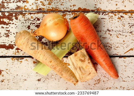 Vegetables to make broth: celery, carrot, parsley root, onion, leek.