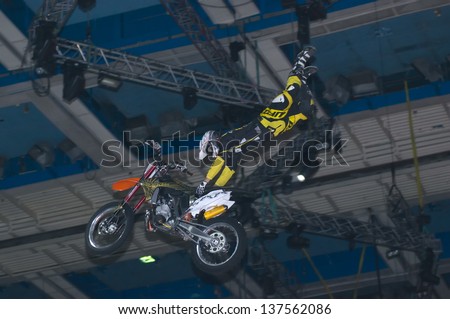 RUSSIA, MOSCOW-MARCH 2: Vanni Oddera doing tricks on his bike at the VI festival of extreme sports in the Olympic Sports Complex Moscow, Russia, on March 2, 2013