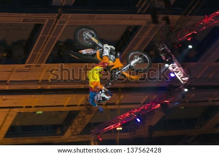 RUSSIA, MOSCOW-MARCH 2: Gabriel Viilegas doing tricks on his ATV  at the VI festival of extreme sports in the Olympic Sports Complex Moscow, Russia, on March 2, 2013