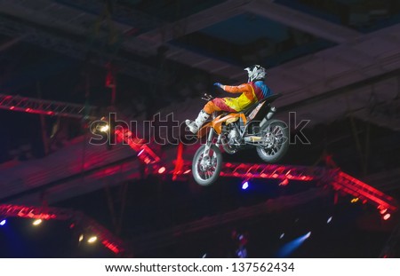 RUSSIA, MOSCOW-MARCH 2: Gabriel Viilegas doing tricks on his ATV  at the VI festival of extreme sports in the Olympic Sports Complex Moscow, Russia, on March 2, 2013