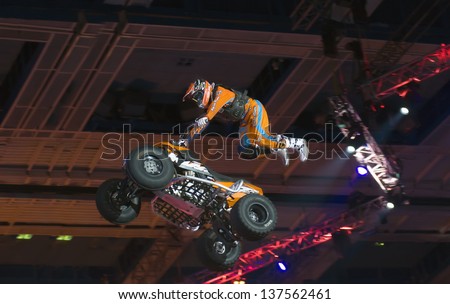 RUSSIA, MOSCOW-MARCH 2: Hugo Ariazu doing tricks on his ATV  at the VI festival of extreme sports in the Olympic Sports Complex Moscow, Russia, on March 2, 2013