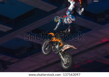 RUSSIA, MOSCOW-MARCH 2: Massimo Bianconcini doing tricks on his ATV  at the VI festival of extreme sports in the Olympic Sports Complex Moscow, Russia, on March 2, 2013