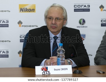 MOSCOW - FEBRUARY 20: Head coach of the hockey club Lev Prague Vaclav Sykora post-match press conference in Hockey match CSKA-LEV PRAHA in sports palace CSKA on February 30, 2013 in Moscow, Russia