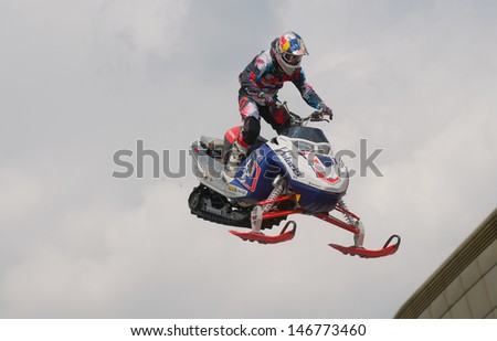 RUSSIA, MOSCOW-JULY 13: Daniel Bodin (Belgium) on a snowmobile at the sports festival Moscow City Games 2013 in the program Moto Freestyle (FMX) in Moscow, Arena Luzhniki; on July 13, 2013