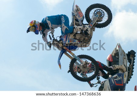 RUSSIA, MOSCOW-JULY 13: Leading motofristayler Russia Alexey Kolesnikov at the sports festival \