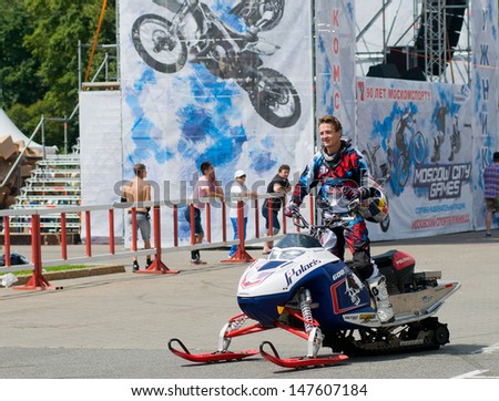 RUSSIA, MOSCOW-JULY 13: Daniel Bodin (Belgium) on a snowmobile at the sports festival \