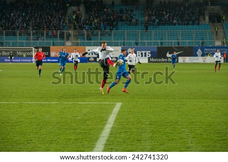 MOSCOW - DECEMBER 7: Some players on the football match on Russian Premier League Dynamo (Moscow) (blue) vs Amkar (Perm) (White) on December 7, 2014, in Moscow, Russia. Dynamo won 5: 1