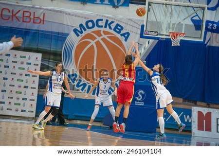 MOSCOW - DECEMBER 4, 2014:  Some players on the International Europe bascketball league match Dynamo Moscow vs Maccabi Ashdod Israel in sport palace Krilatskoe, Moscow, Russia. Dynamo loss 59:67