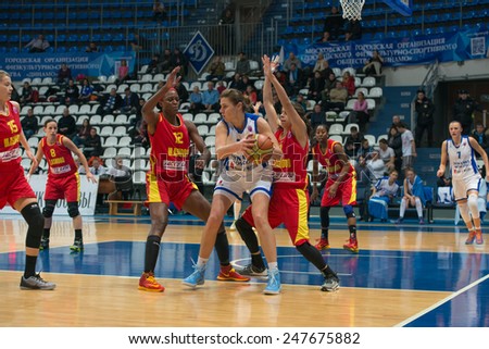 MOSCOW - DECEMBER 4, 2014:  Some players on the International Europe bascketball league match Dynamo Moscow vs Maccabi Ashdod Israel in sport palace Krilatskoe, Moscow, Russia. Dynamo loss 59:67