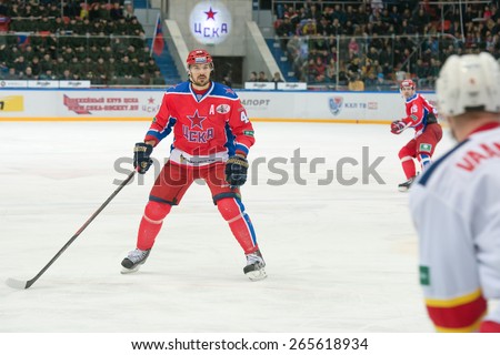 MOSCOW - MARCH 12: Eugene Artyuhin (44) in action on hockey game Yokerit vs CSKA on Russia KHL championship on March 12, 2015, in Moscow, Russia. CSKA won 3: 2