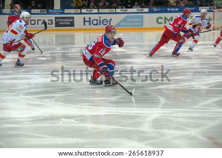 MOSCOW - MARCH 12: Damir Zhafyarov (18) in action on hockey game Yokerit vs CSKA on Russia KHL championship on March 12, 2015, in Moscow, Russia. CSKA won 3: 2