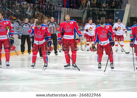 MOSCOW - MARCH 12: Evgeny Korotkov (8) in action on hockey game Yokerit vs CSKA on Russia KHL championship on March 12, 2015, in Moscow, Russia. CSKA won 3: 2