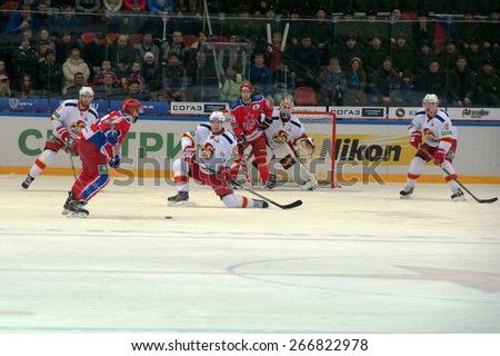MOSCOW - MARCH 12: Virtanen Petter (26) in action on hockey game Yokerit vs CSKA on Russia KHL championship on March 12, 2015, in Moscow, Russia. CSKA won 3: 2