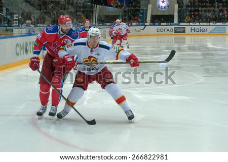 MOSCOW - MARCH 12: Alexander Radulov (47) and Korpikari Oskari (2) in action on hockey game Yokerit vs CSKA on Russia KHL championship on March 12, 2015, in Moscow, Russia. CSKA won 3: 2