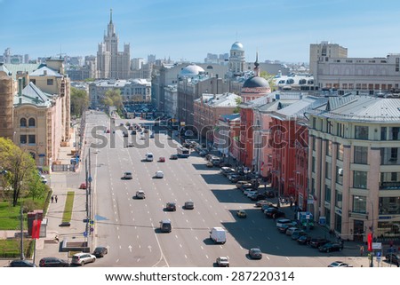 MOSCOW, RUSSIA - MAY 18, 2015: Novaya square forms kind of border between Kitai-Gorod and Lubyanka. Long pale building in Pseudo-Russian style has been centre of scientific, cultural and social life