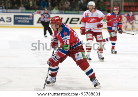 MOSCOW - JANUARY 31: Forward CSKA Ilya Zubov in hockey match \