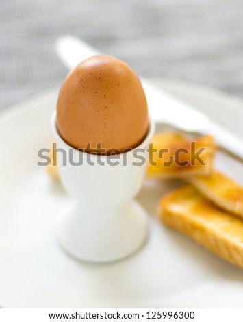 Boiled Egg and toasted bread on a plate with narrow focal point