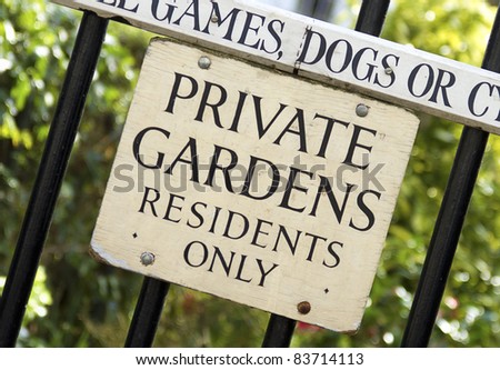 Private Gardens Sign outlawing ball games, dogs and cycling - photo has added vignette.