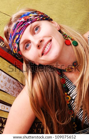 Vintage dreaming blonde. Portrait in style of hippie.
