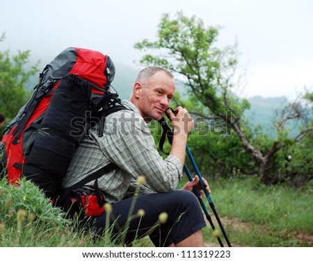 Spring hiking in Crimea. Resting backpackers