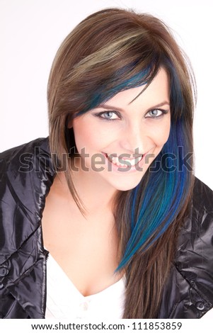 young beautiful girl with blue hair and blue eyes