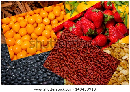 Summer fruits and vegetables, colorful four way collage