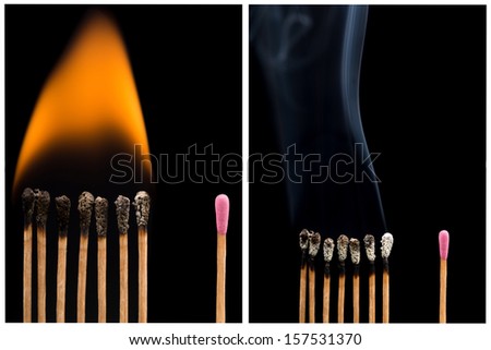 Set of whole and burnt matches at different stages