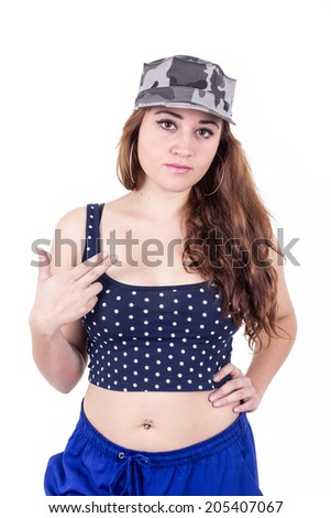beautiful sexy girl wearing military cap and crop top gesturing gun with hand isolated over white