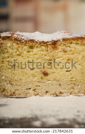 closeup shot of delicious piece of fluffy vanilla cake decorated with caster sugar on a wooden table