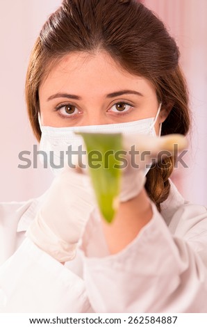 young female biologist wearing mask experimenting with leaf in lab