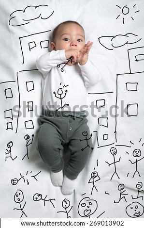 Cute infant baby boy drawn as a giant eating little people sketch