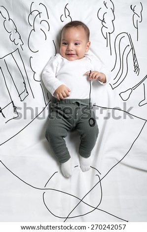 Cute infant baby boy playing with yo-yo in the park sketch