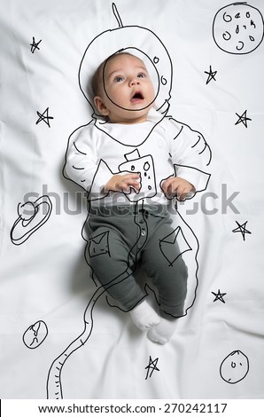 Cute infant baby boy astronaut in space sketch