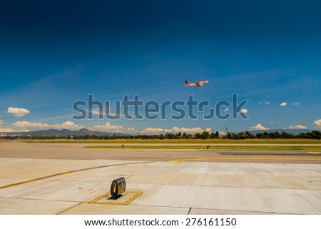 BOGOTA, COLOMBIA - MARCH 07, 2015: Departure flight Avianca airplane cruising the sky at international airport El Dorado airport in Bogota