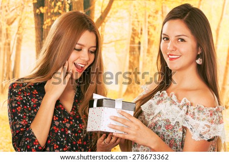 Beautiful girl giving a gift box to surprised best friend