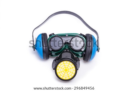 Mask,ear defenders and goggles on a white background
